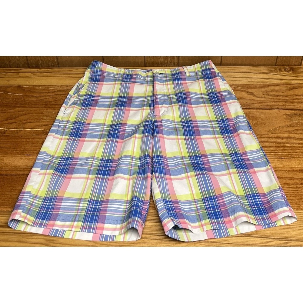 Jack Nicklaus GoldenBear Golf Shorts Men 32 Plaid Flat Front Performance Stretch